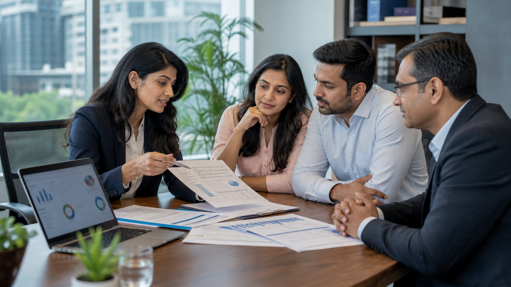 Indian insurance advisory team reviewing coverage with clients