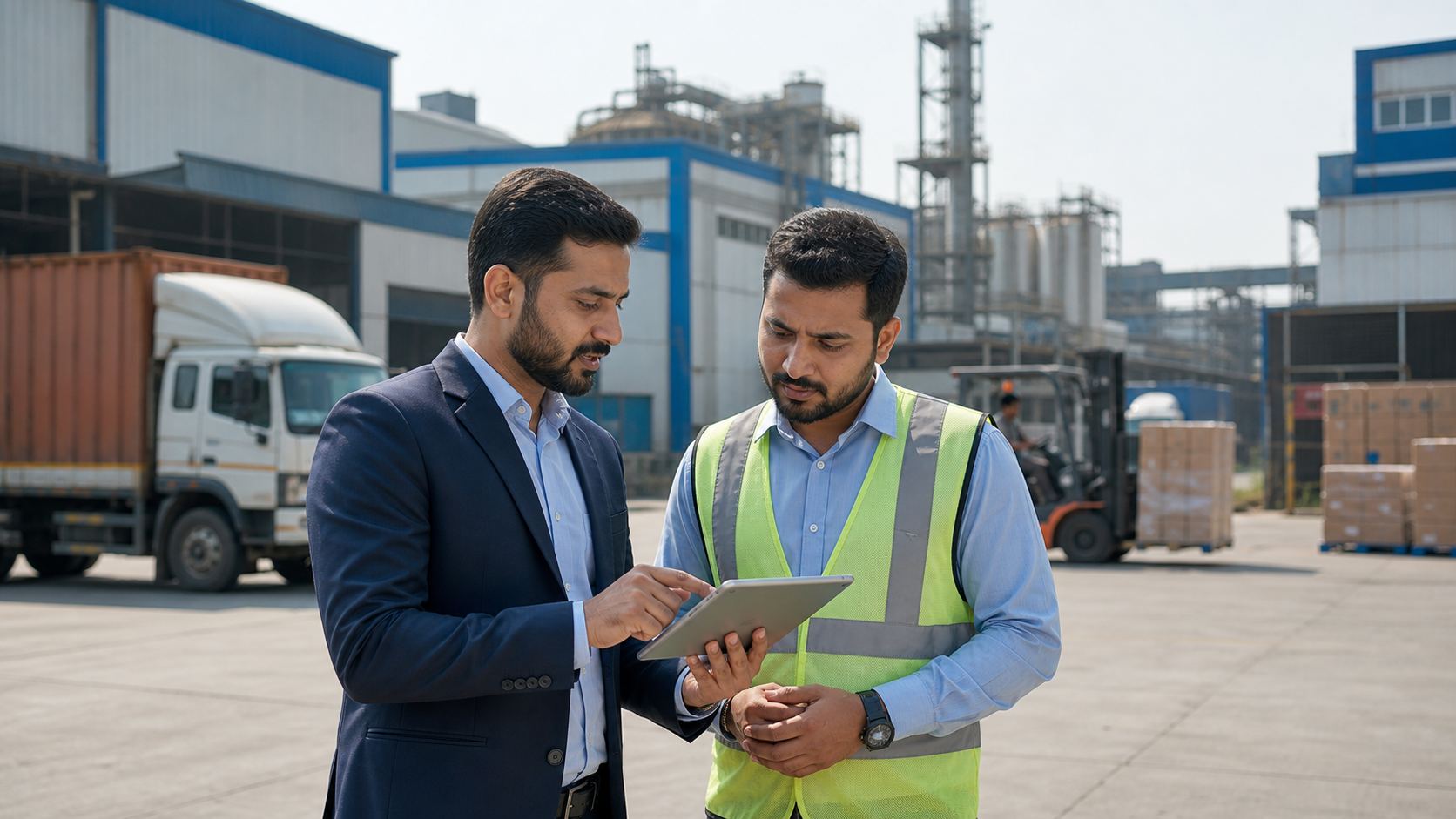 Indian industrial insurance advisor at a business facility