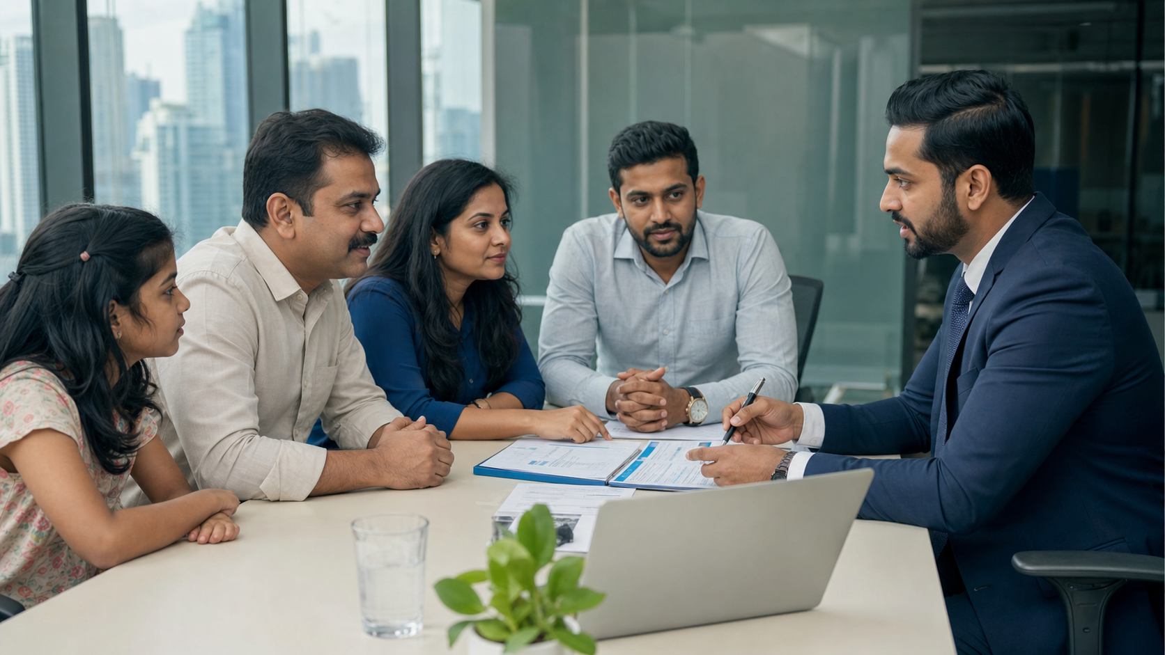 Indian insurance advisor consulting clients in a Mumbai office
