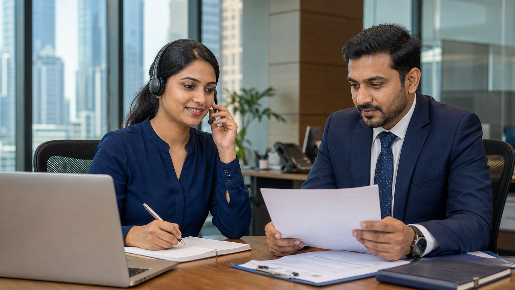Indian insurance support advisor assisting a customer