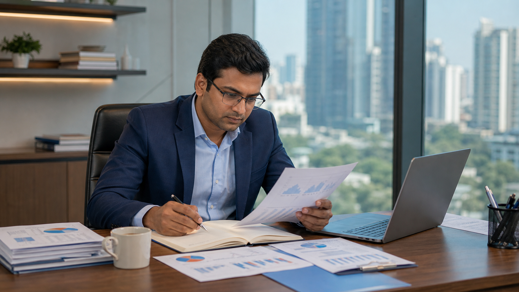 Indian insurance analyst reviewing risk reports and market insights